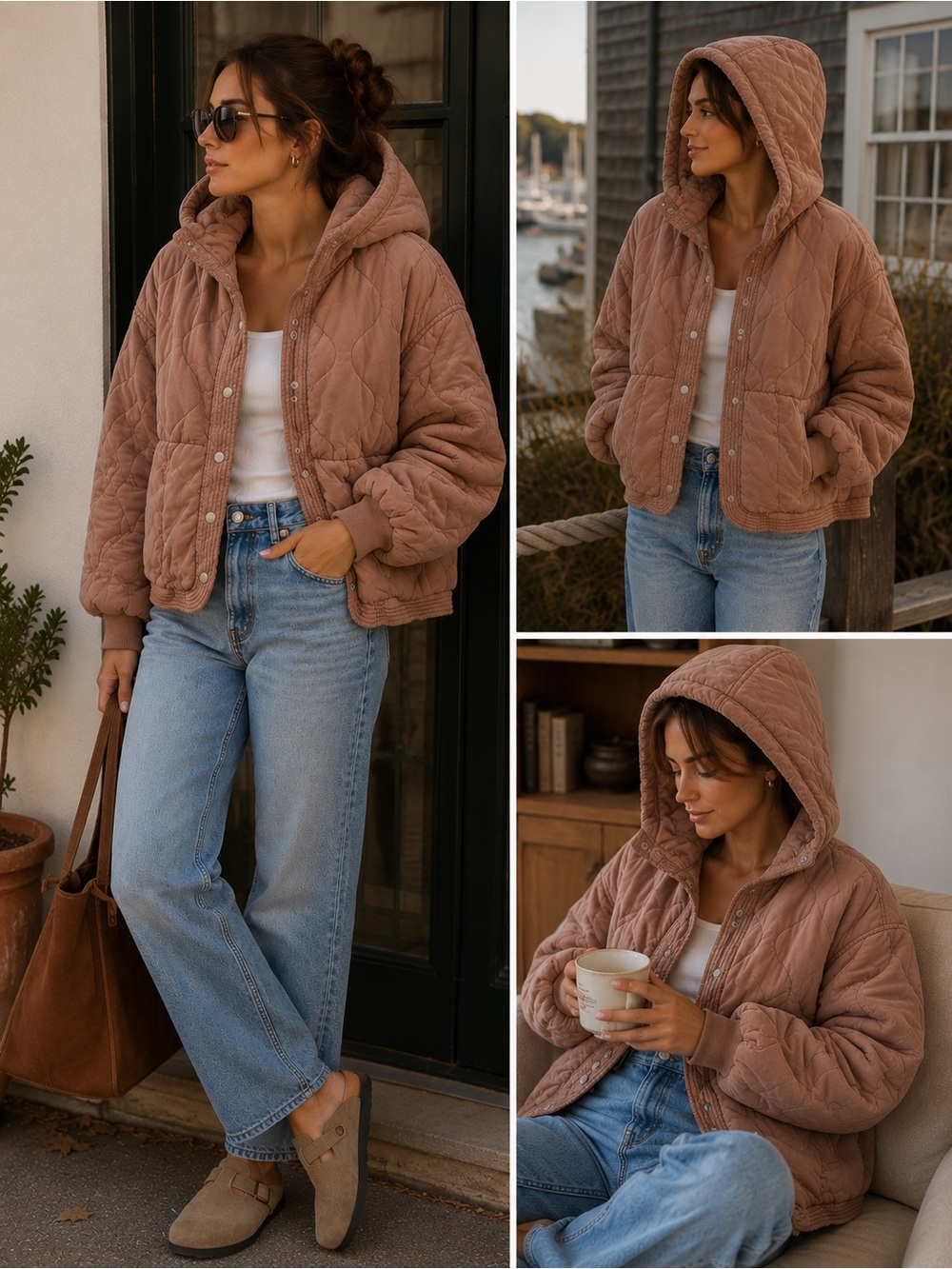 Blank NYC Quilted Hooded Puffer Jacket in Mauve Brown